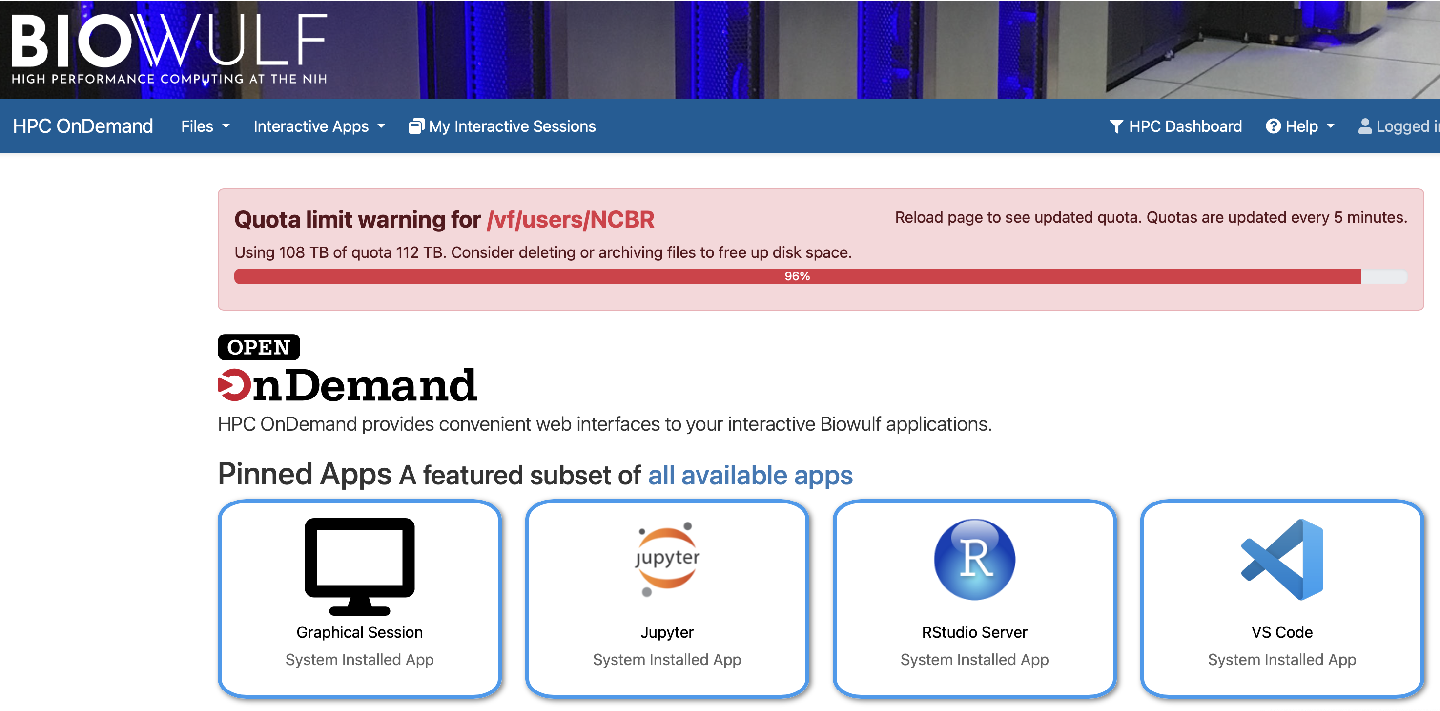 HPC OnDemand home page after login